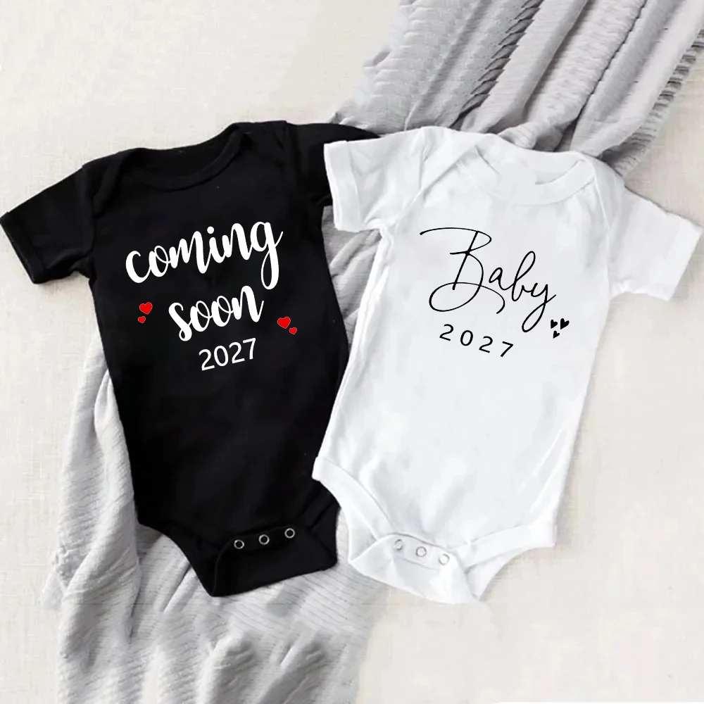 Baby Announcement Coming Soon 2027 Newborn Baby Bodysuits Summer Boys Girls Romper Body Pregnancy Reveal Clothes