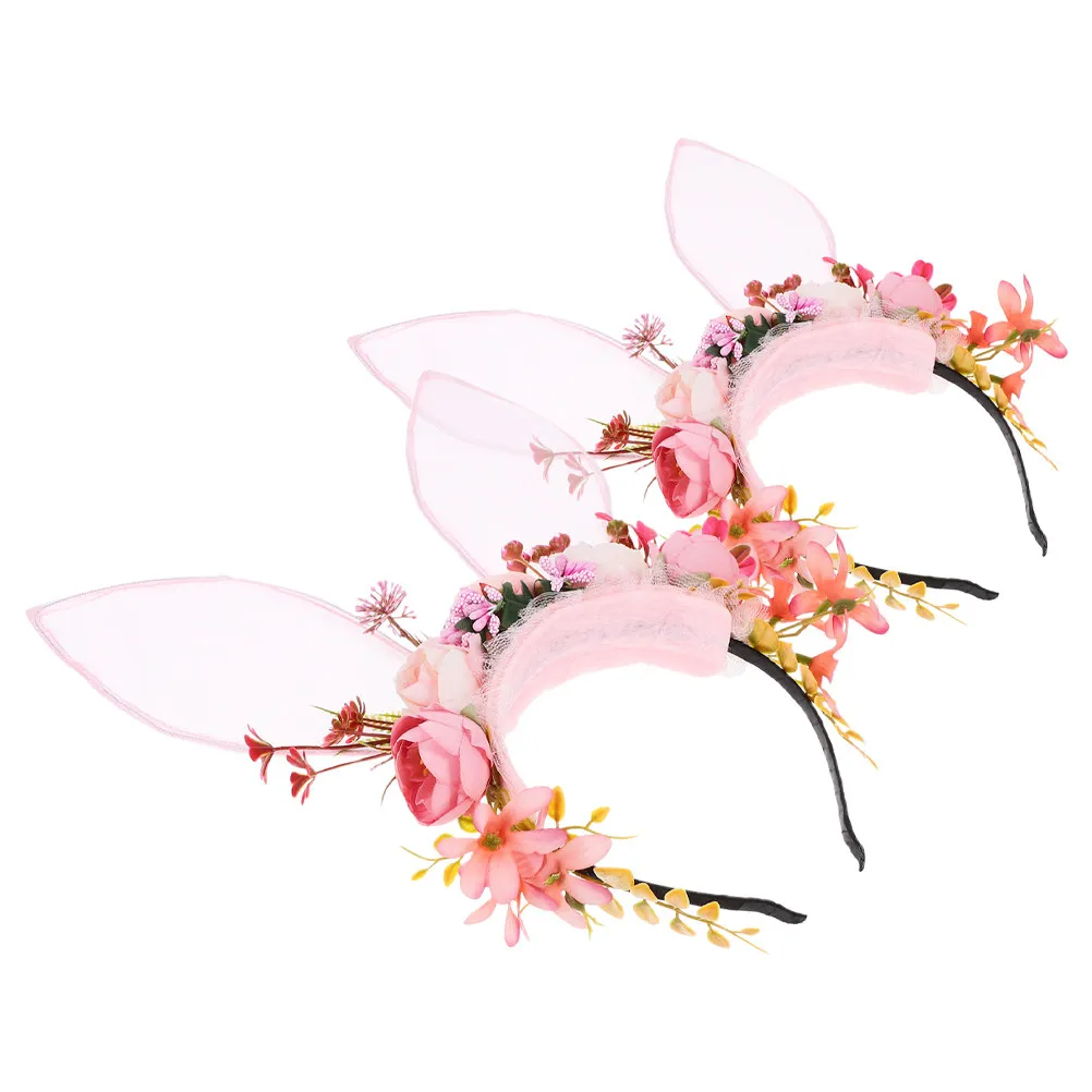 2-個のウサギの耳ヘッドバンド植毛花冠リアルな花ハロウィン妖精パーティーコスプレ写真撮影用ヘッドピース