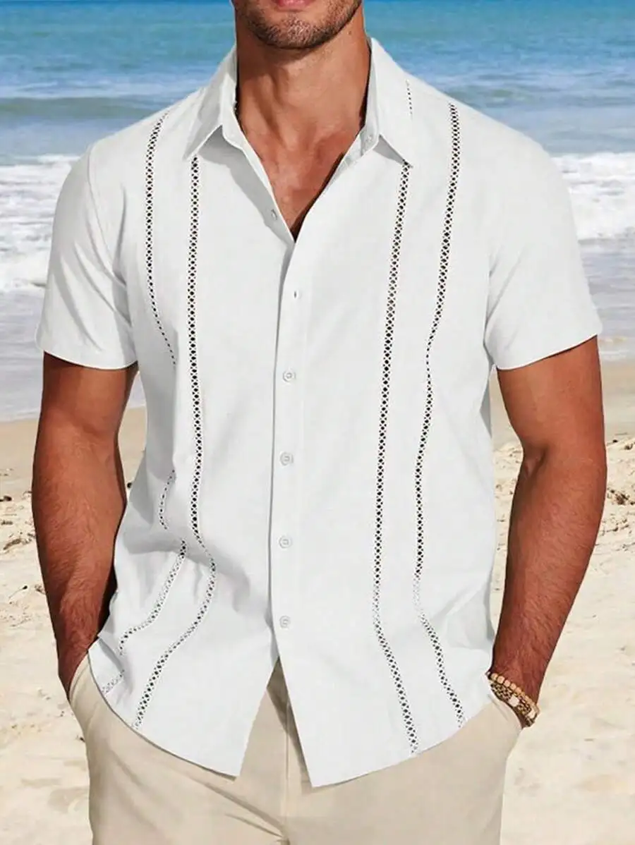 

Men's White Short Sleeve Casual Shirt with Embroidered Stripe Detail for Summer Beach Wear