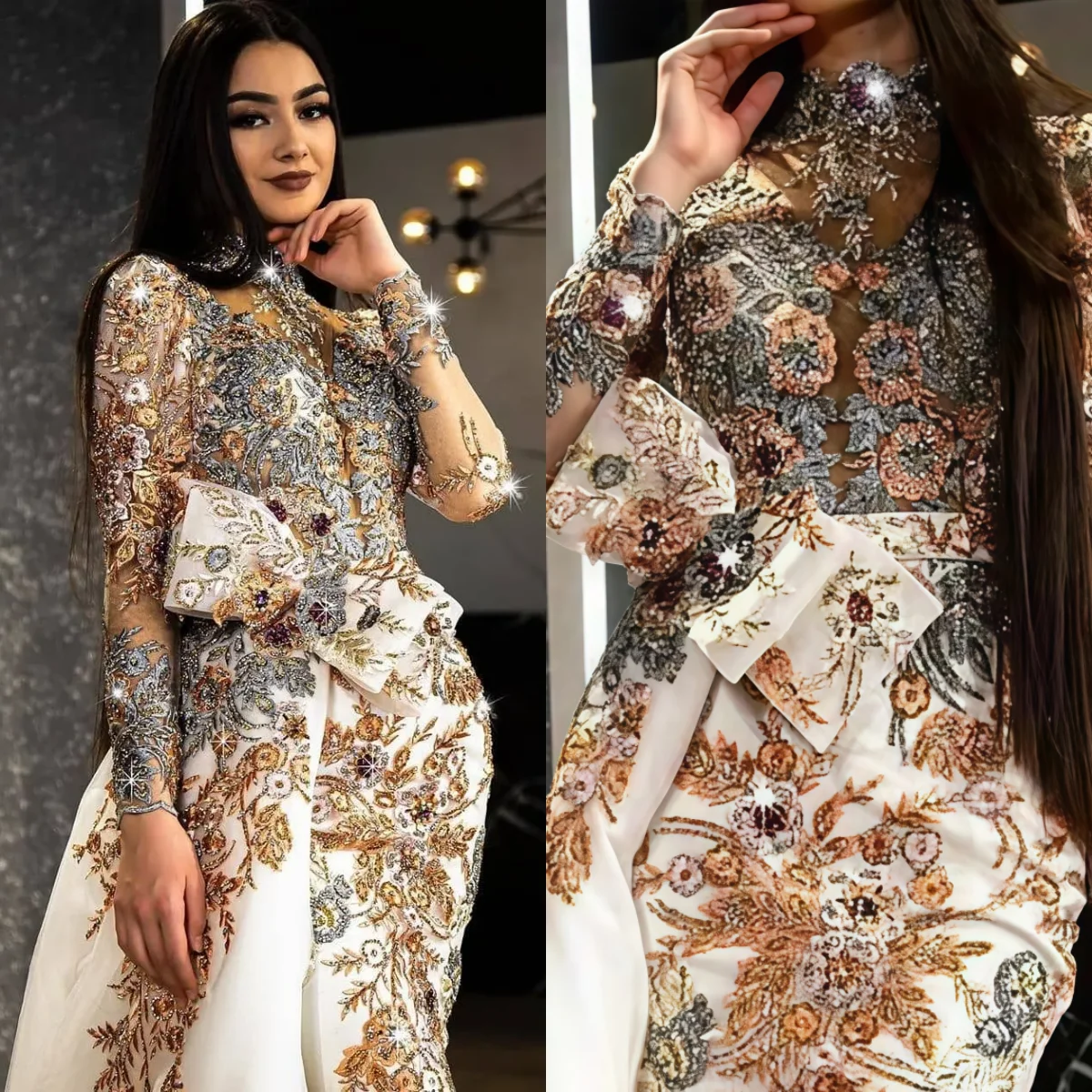 

Exquisite Mermaid Customized Prom Dresses High Neck Long Sleeve Lace Appliques Beading Special Occasion Dresses