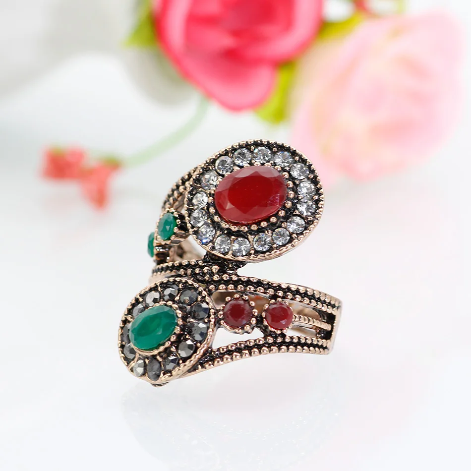 Sunspicems Vintage Turkish Ring For women Retro Gold Color Rhinestone Hollow Double Floral Winding Rings Indian Bride Jewelry