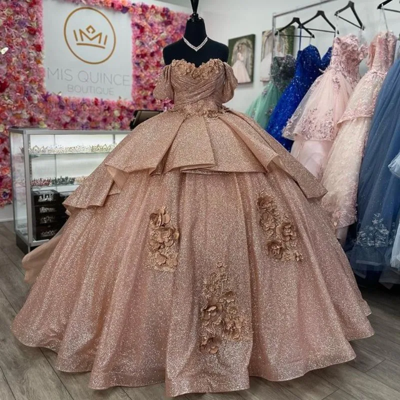 

Rose Gold Train Ball Gown 15 Year Old Quinceanera Dresses Princess Tulle Appliques 3DFlower Sweetheart Birthday Party Dress