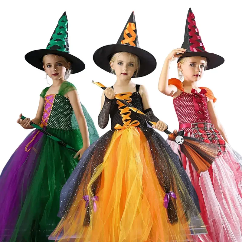 Witch Halloween Girls Tutu Dress Witch Hat Children Fancy Purim Pageant Birthday Party Hocus Pocus Costume Kids Prom Ball Gown