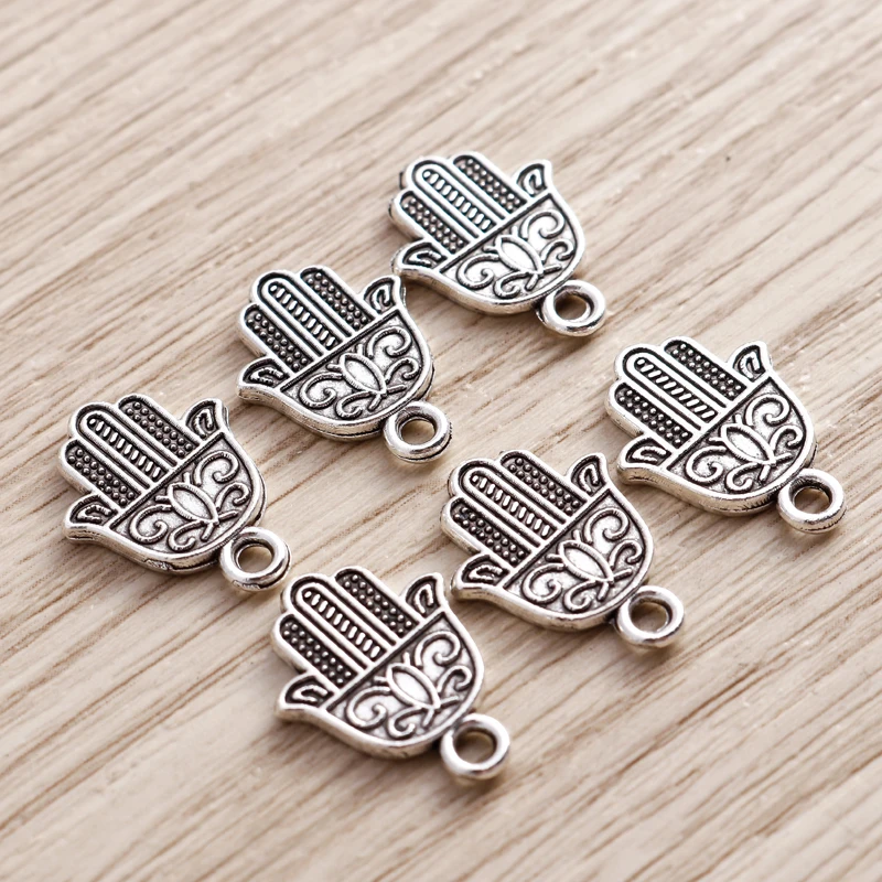 Tusember 20Pcs 13*17mm Antique Silver Color Fatima Hamsa Hand Charms For Pendant Connector DIY Religious Necklaces Earring Craft
