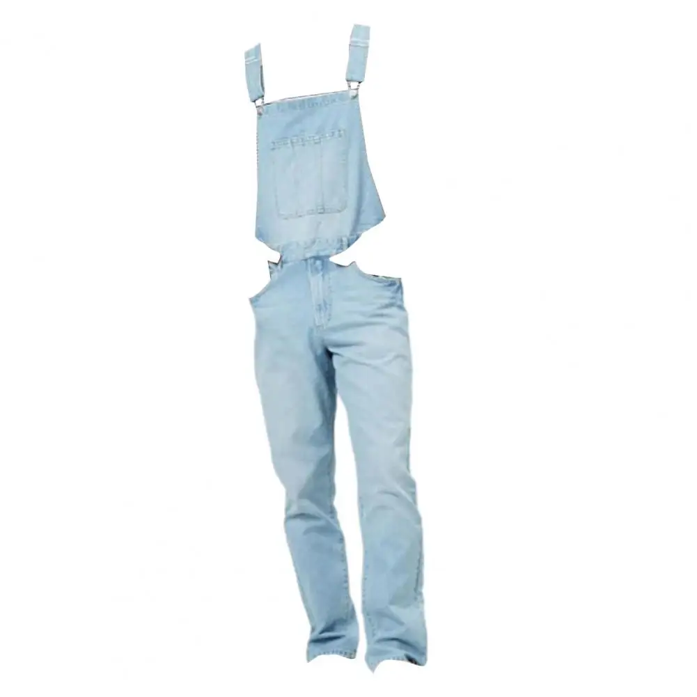 

Men Pants Breathable Denim Jumpsuit with Suspender Long Pants for Men Non-fading Solid Color Multi-pocket Bib Overalls Soft