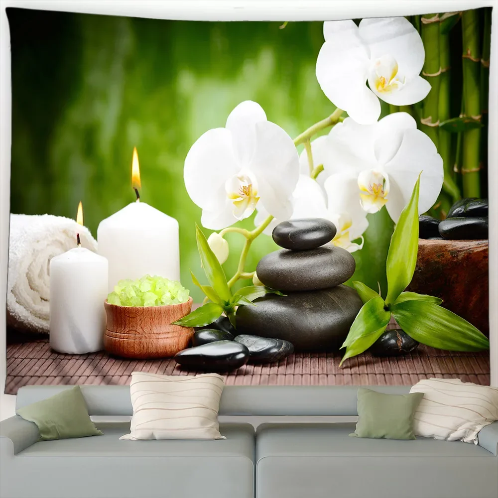 Zen Green Bamboo Tapestry White Orchid Candle Gray Massage Stone Spa Landscape Garden Wall Hanging Living Room
