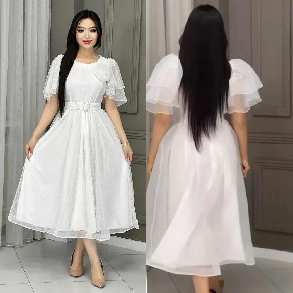 

Customized Chiffon Flower Sash Ruched Valentine's Day A-line O-Neck Bespoke Occasion Gown Midi Dresses