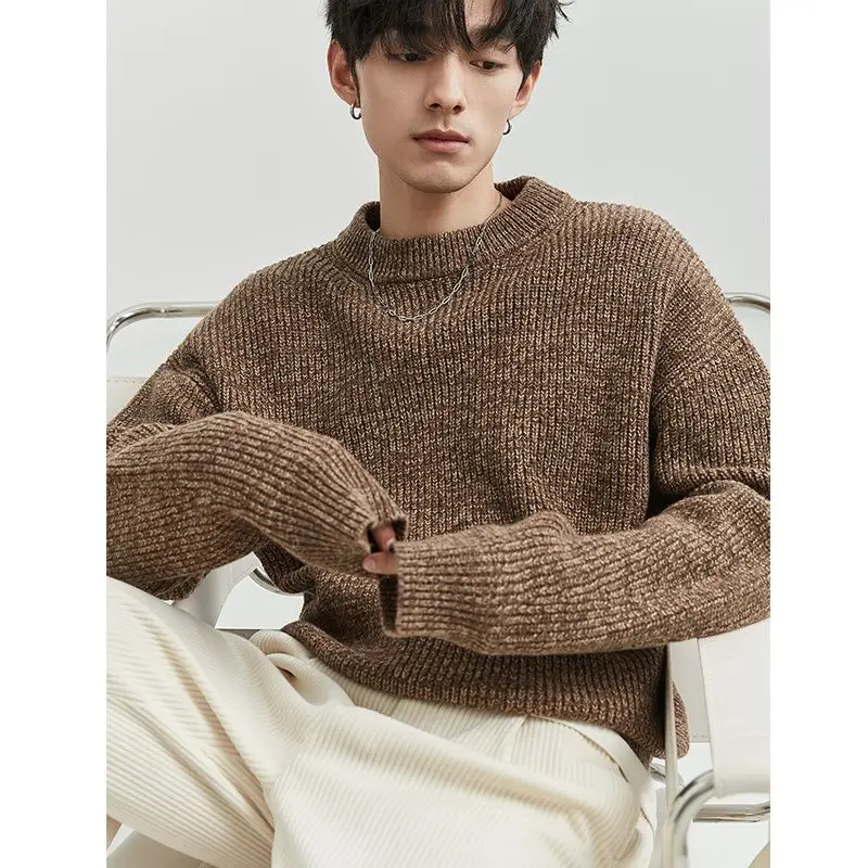 

Light and mature style Korean style floral yarn sweater men's round neck pullover heavy thickened cold-proof loose sweater y2k