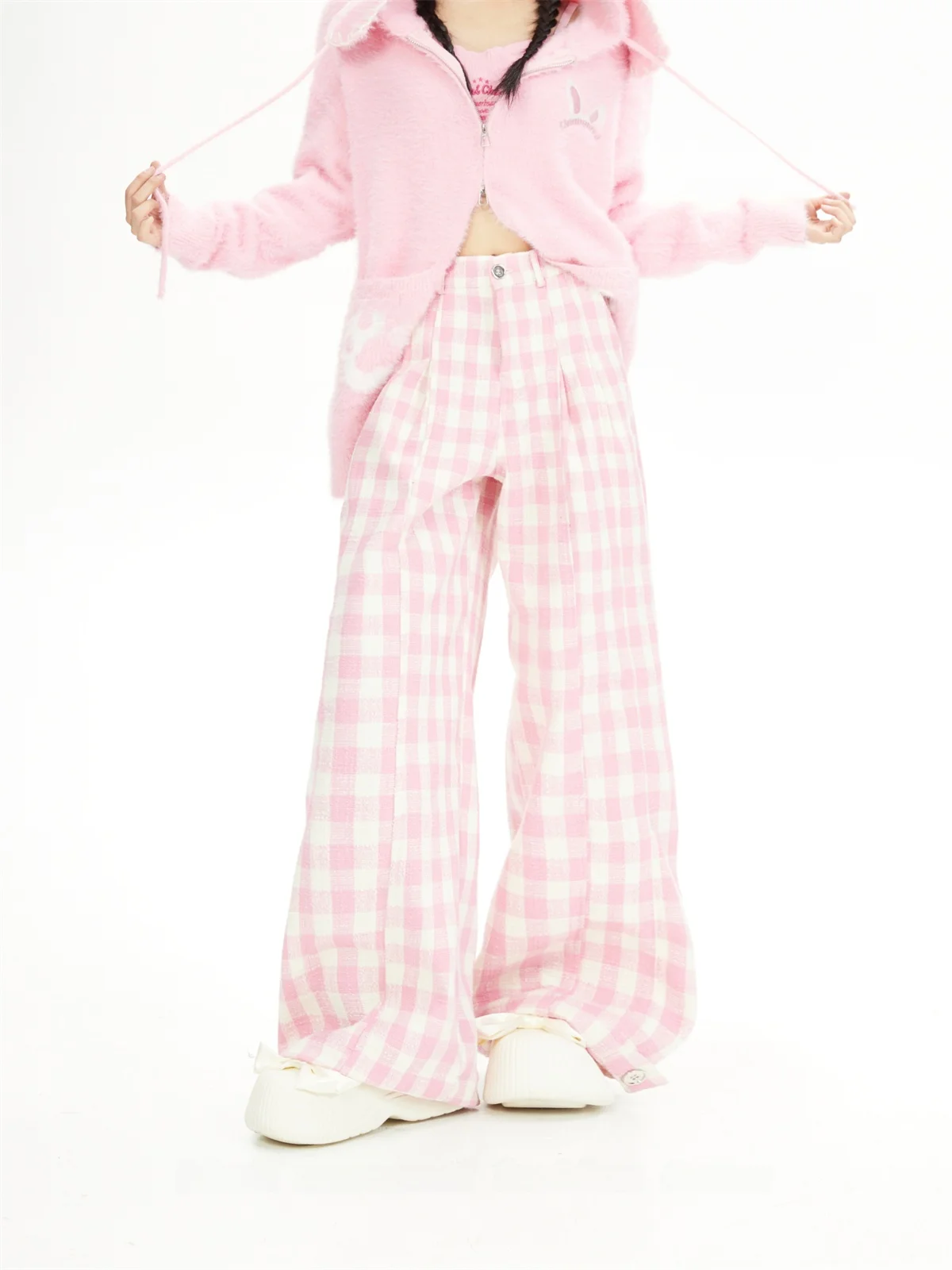 

High Waist Loose Women's Pink Plaid Casual Pants Floor-Length Durable Fabric Korean Sle Commute Simple Pattern Harlan Pants