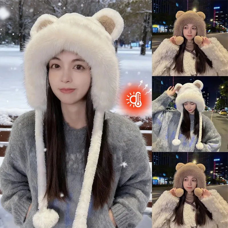 Niedliche Bären-Plüsch-Strickmütze, winddichte Ohrabdeckung, Winter-Reitausrüstung, All-in-One-Schal-Mütze