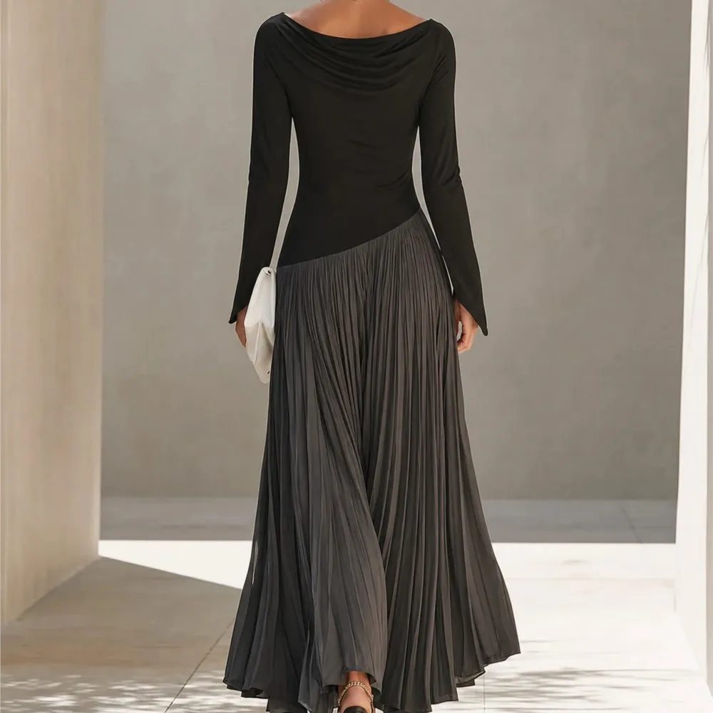 Simple Elegant Dress Fashionable Slim Autumn Winter Commuting Style Patchwork Long Sleeved Swing Collar High Waisted Long Dress