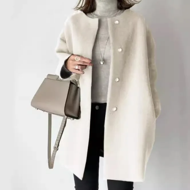 High-quality Straight Coat Women's 2025 Autumn and Winter Temperament Solid Color Simple Woolen Coat Top