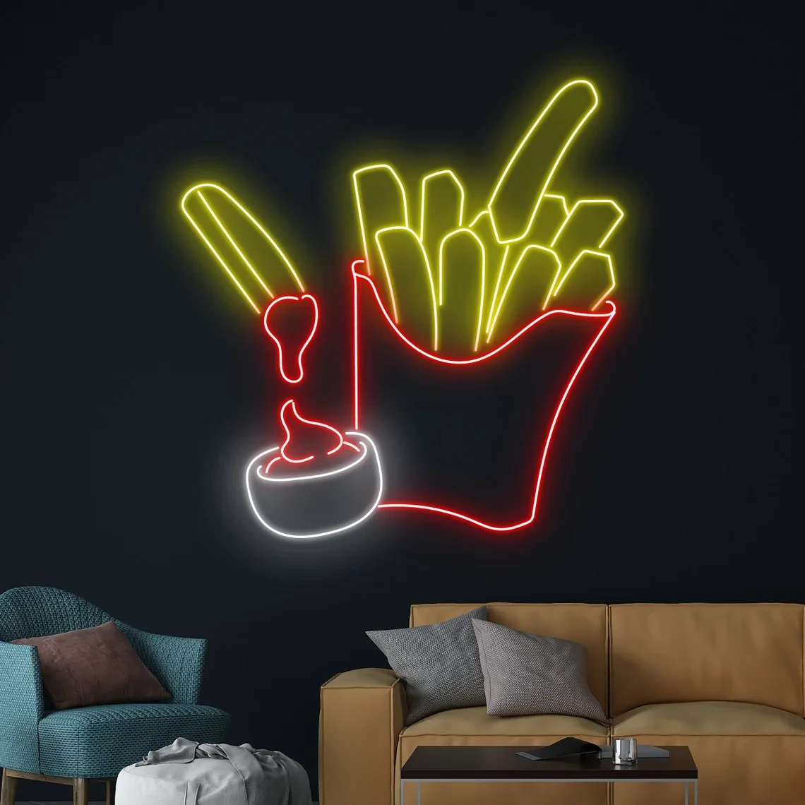 French Fries Neon Sign Food Art Custom Sign Street Food Signboard Junk Fries Coffee Bar Wall Neon Bar Man Cave Game Room