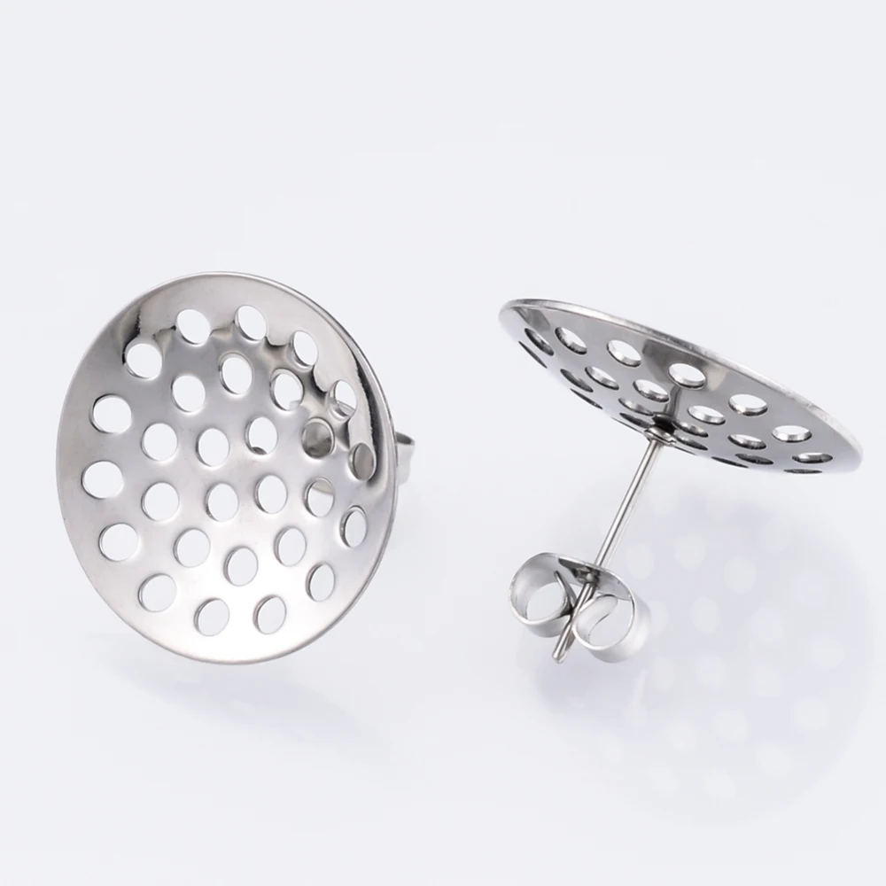 304 Stainless Steel Stud Earring Findings with Sieve Base Ear Nuts/Earring Backs Stainless Steel Color 16mm Hole: 1mm Pin: 0.8mm