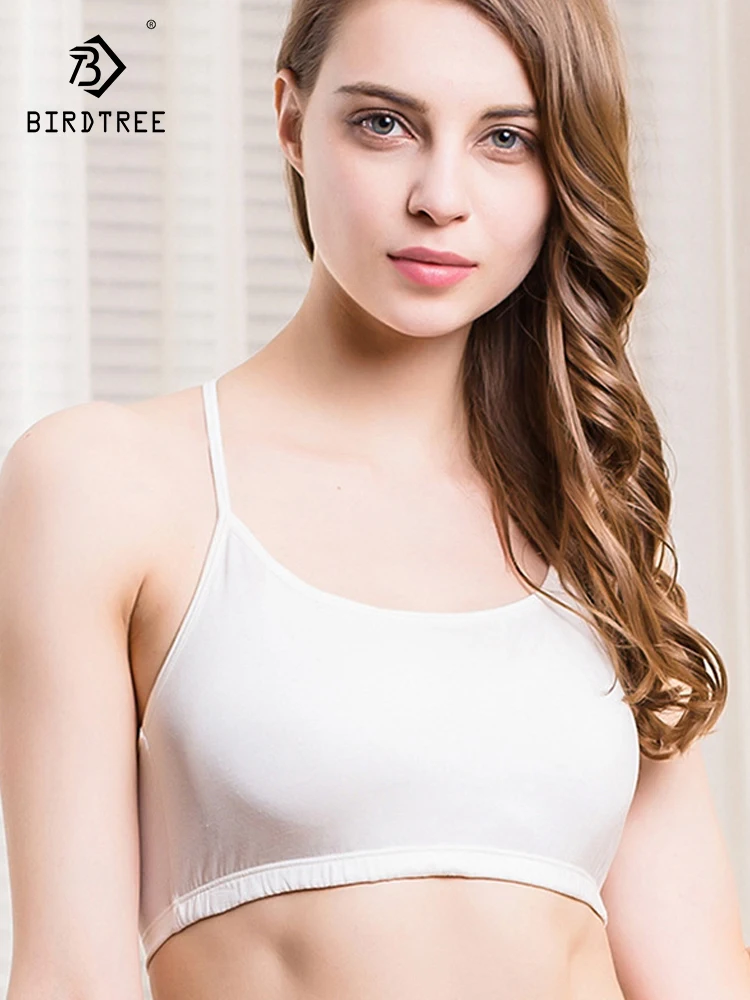 

Birdtree 100%Real Mulberry Silk Women Tube Top Breathable Padding Sporting Cross Back Bras White Black Underwear P36012QC