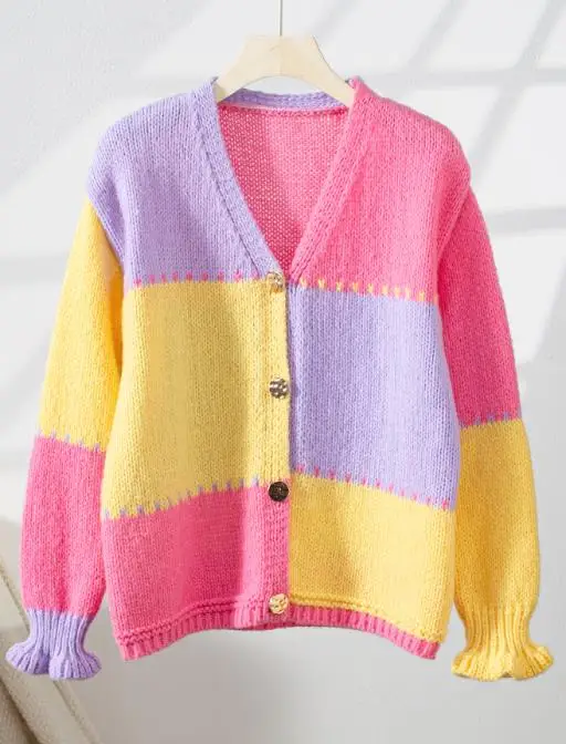 2025 Autumn/winter Women's Sweater Color Block Splicing Casual Loose Black Fungal Edge Long Sleeve Knitted Cardigan