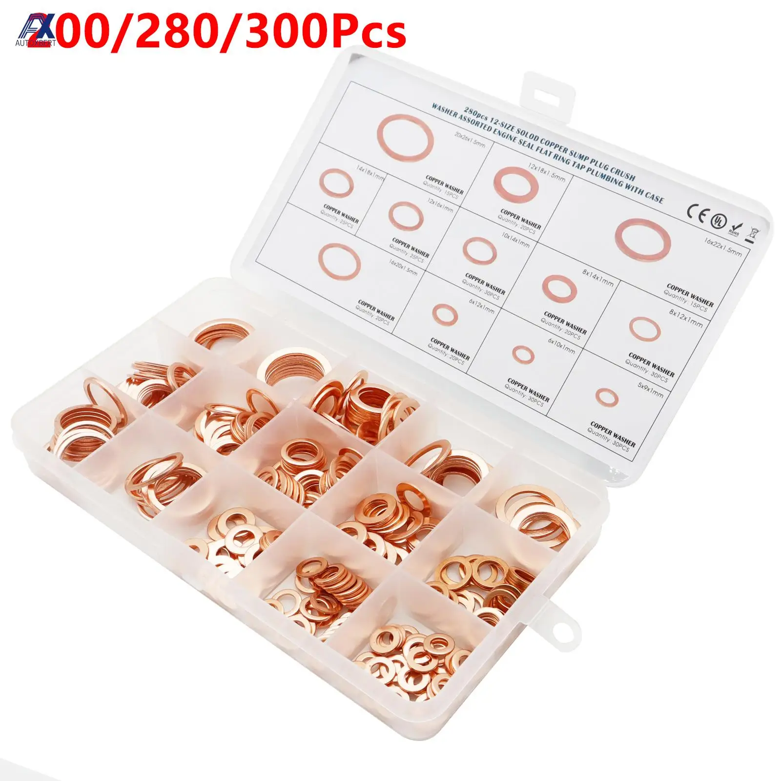 300/280/200 Pcs Copper Washer Gasket Nut Bolt Flat Seal Sealing O Ring Solid Gasket Assortment Kit Engine Oil Gasket Sump Plug