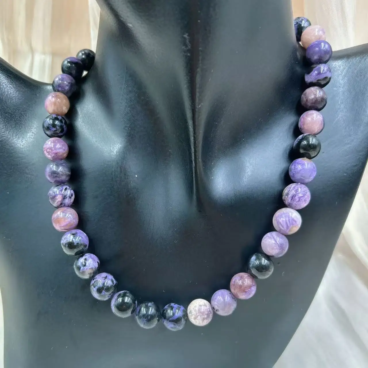 10mm Fashion Jewelry Gift Natural Gems Round Charoite Purple Stone Healing Energy Lucky Necklace 17-20inch