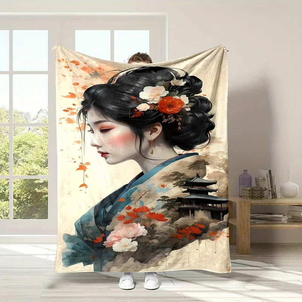 Elegant Japanese geisha pattern Flannel printed blanket suitable for all seasons suitable for living room office sofa and travel