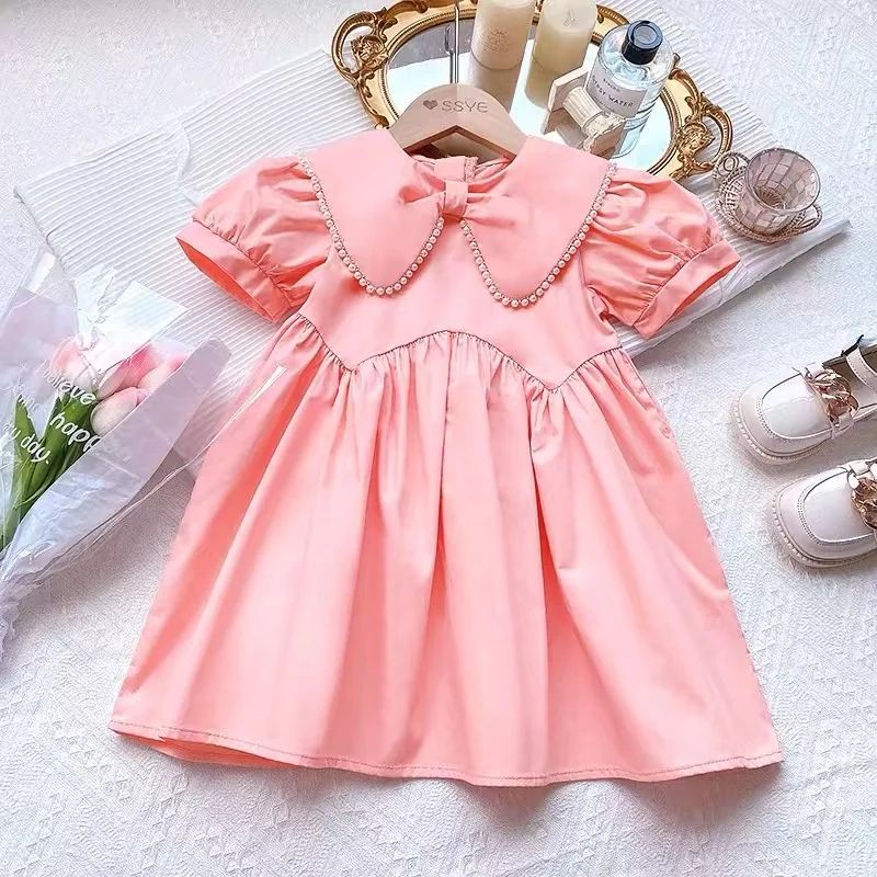 Girls Summer Pink Princess Dress 2024 Summer New Korean Edition Children\'s Fashionable Pearl Doll Neck Dress