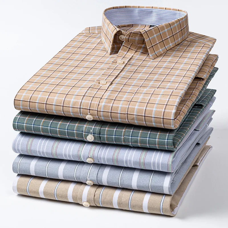 100% Cotton Oxford Men Shirts Long Sleeves Plaid Soft Regular Fit Formal Dress Shirt Pocket Social Blouse Male Clothes 6XL 7XL