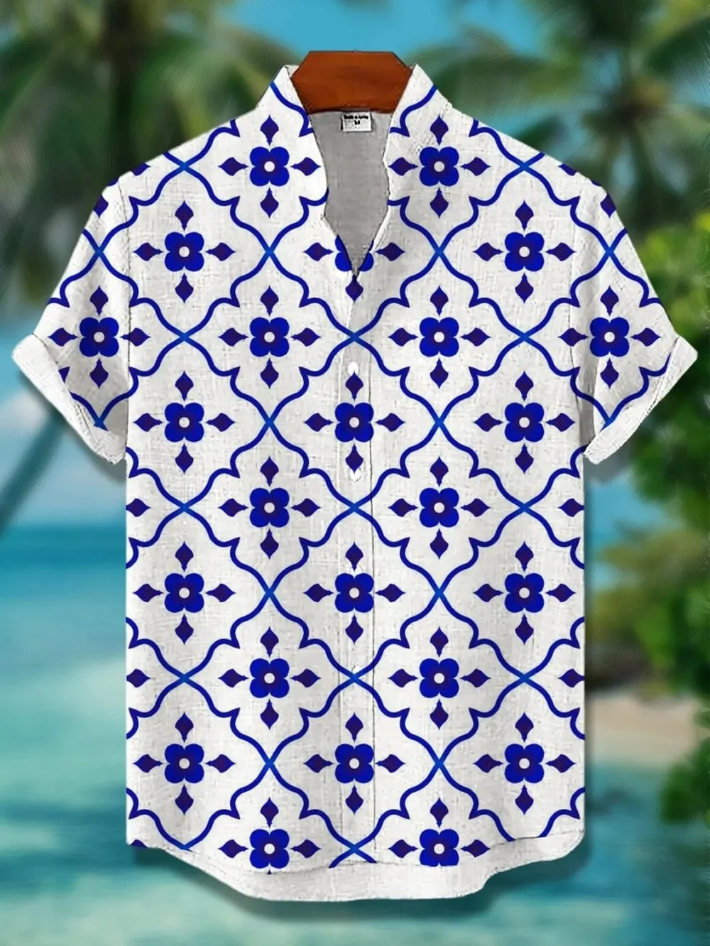 Fashion Breathable Linen Men Shirt Blue Flower Geometric Mosaic Pattern Stand Collar Short Sleeve Beach Vacation Shirts