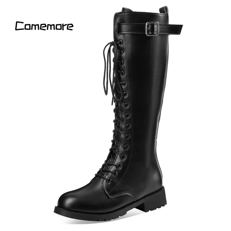 Comemore Women 2023 New Lace Up Knight Boot Belt Buckle Female Booties Long Autumn Footwear Ladies Thigh High Boots Big Size 43