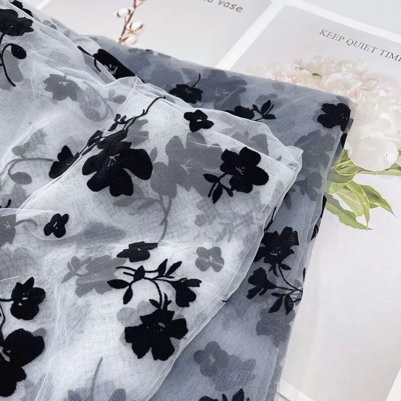 6 colori fiore nero floccaggio tessuto di pizzo floccato maglia morbida tulle per abito da sposa velo da sposa vestito tutu larghezza 51 "