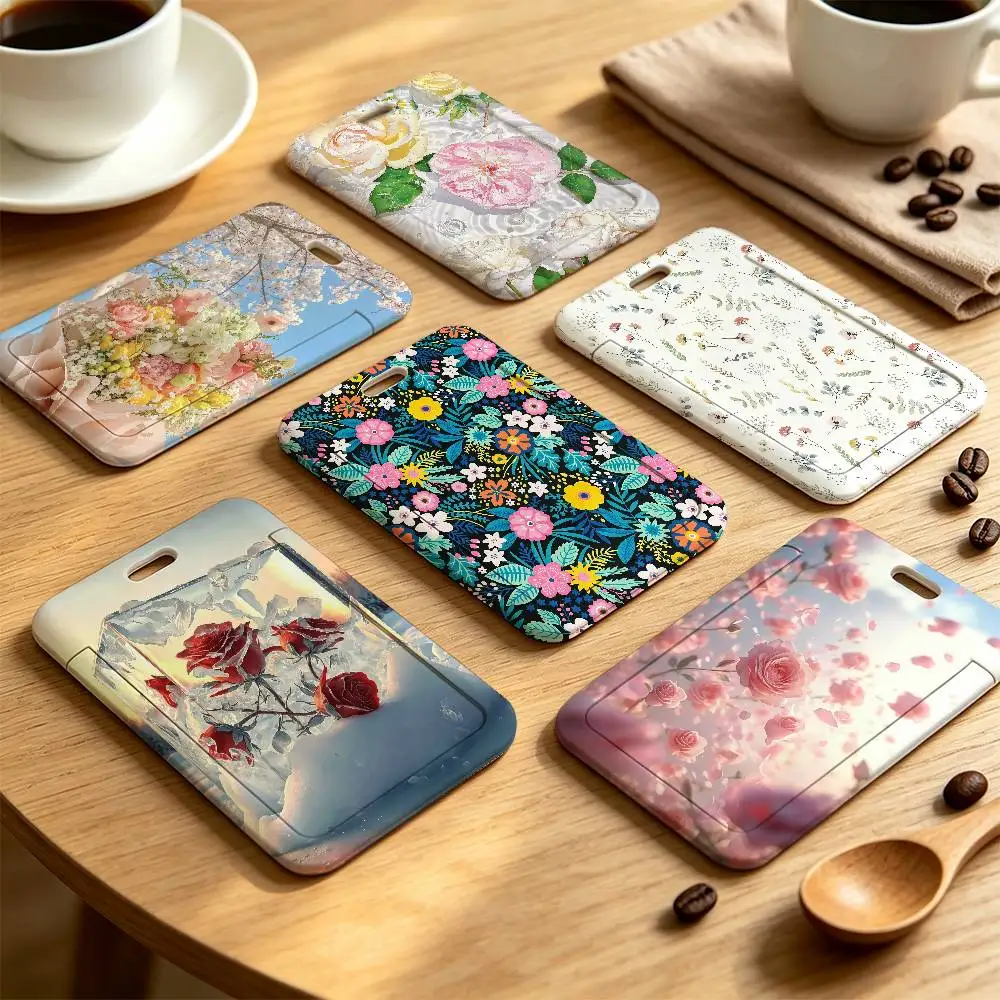 Flower Daisy Pretty Clear Window ID Card Holder, Business Badge Holder With Neck Lanyard, Office Work Permit Card Cover