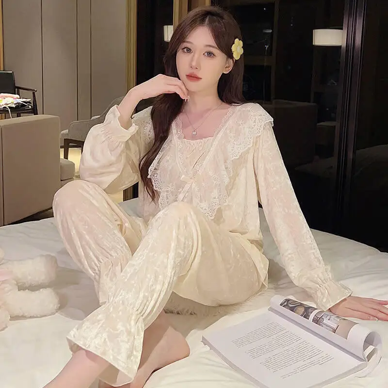 

Hot 2025 Autumn Winter New Women Clothing Korean Fashion Soft Loose Small Fragrant Pajama Set Warm Sweet Cute Home Clothing Set