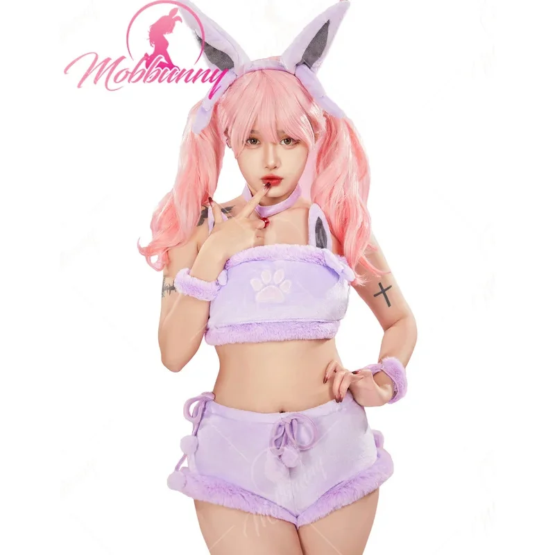 

Mobbunny Women's PM Derivative Kawaii Purple Plush Sexy Lingerie Set Crop Top and Shorts with Lace-up Panty Tail Socks Headband