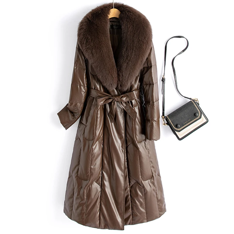 

New Women Winter Leather Down Coat Fashion Real Fox Fur Collar Slim Waist Long Leather Coat Casual Thick Warm Overcoat