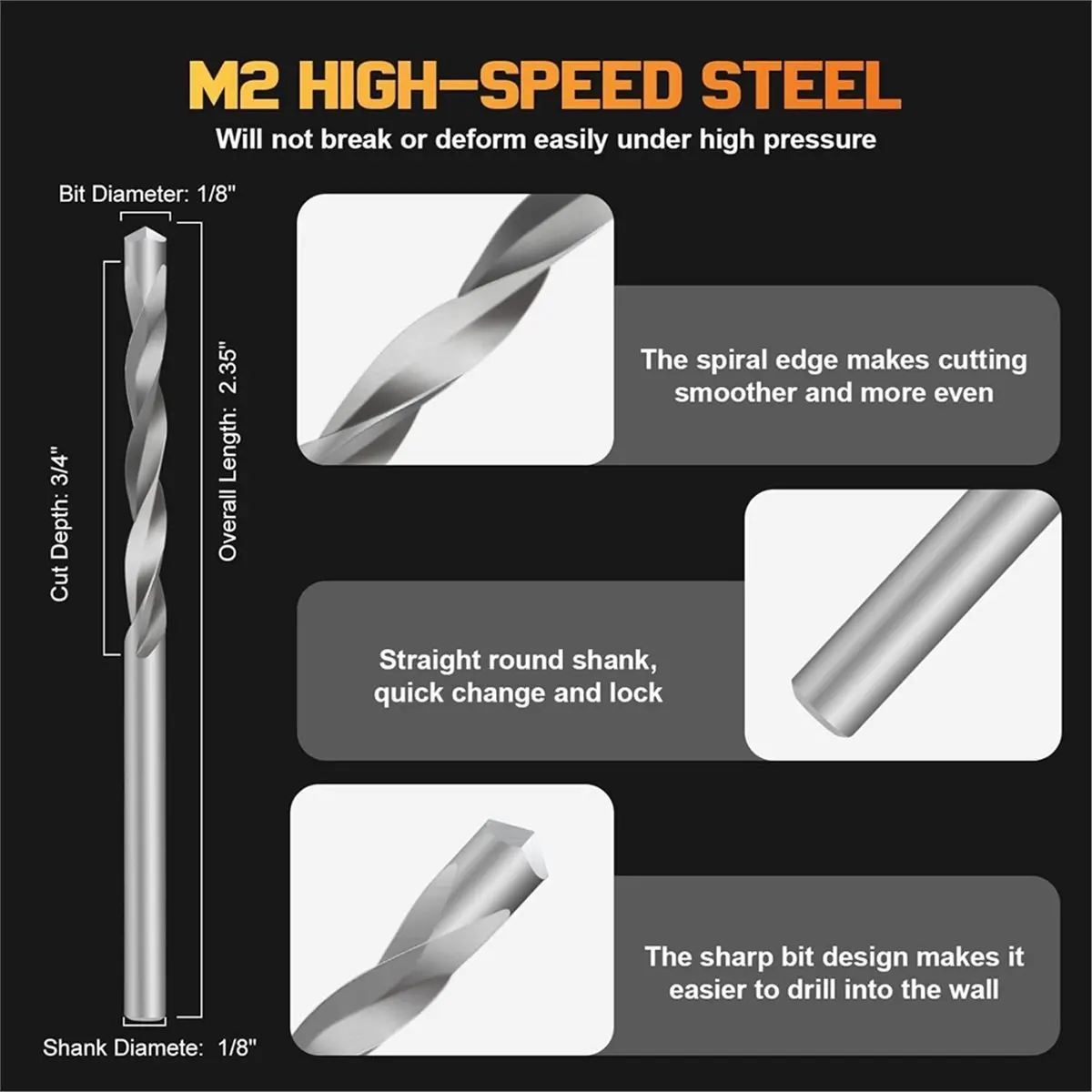 STOCK-50 PCS Cutting Bit,1/8 Inch Hss Drywall Router Bits,Guide Point Cutting Bits for Use with Spiral Saws and Power Tools A