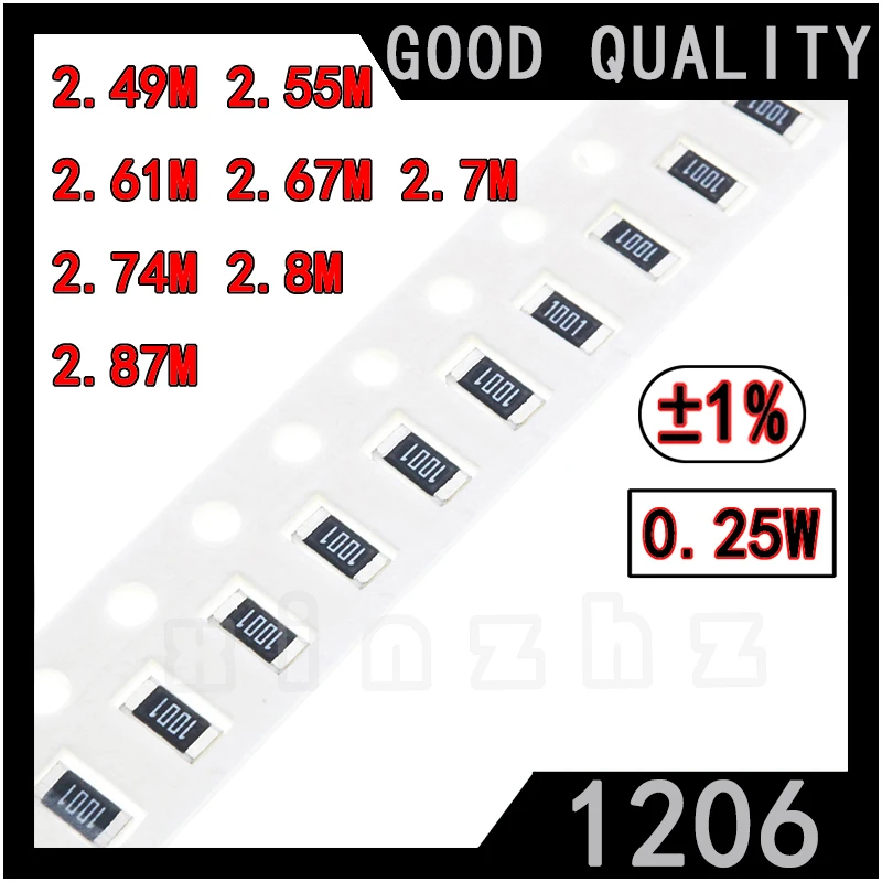 

100PCS SMD 1206 Chip Resistor 1% High Precision Chip 0.25W Fixed Resistance 2.49M 2.55M 2.61M 2.67M 2.7MΩ 2.74M 2.8M 2.87M ohm