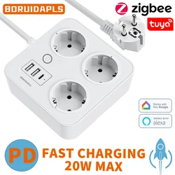 BORUIDAPLS ZigBee Smart Power Strip Energy-saving Metering Smart Socket PD20W Type-C Tuya Alexa Remote Voice Kitchen Accessories