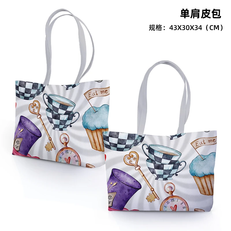 Disney Alice in Wonderland 7701 Anime Shoulder Bags Customized PU Cartoon Shopping Bag Casual Tote Storage Handbag Unisex Gift