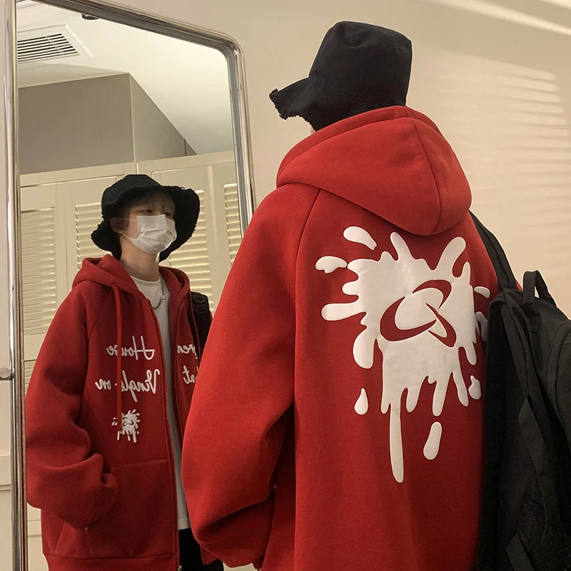 

Мужская толстовка цвета красного вина в американском ретро-стиле, весенне-осенняя свободная верхняя одежда для пар, повседневная толстовка с принтом, куртка