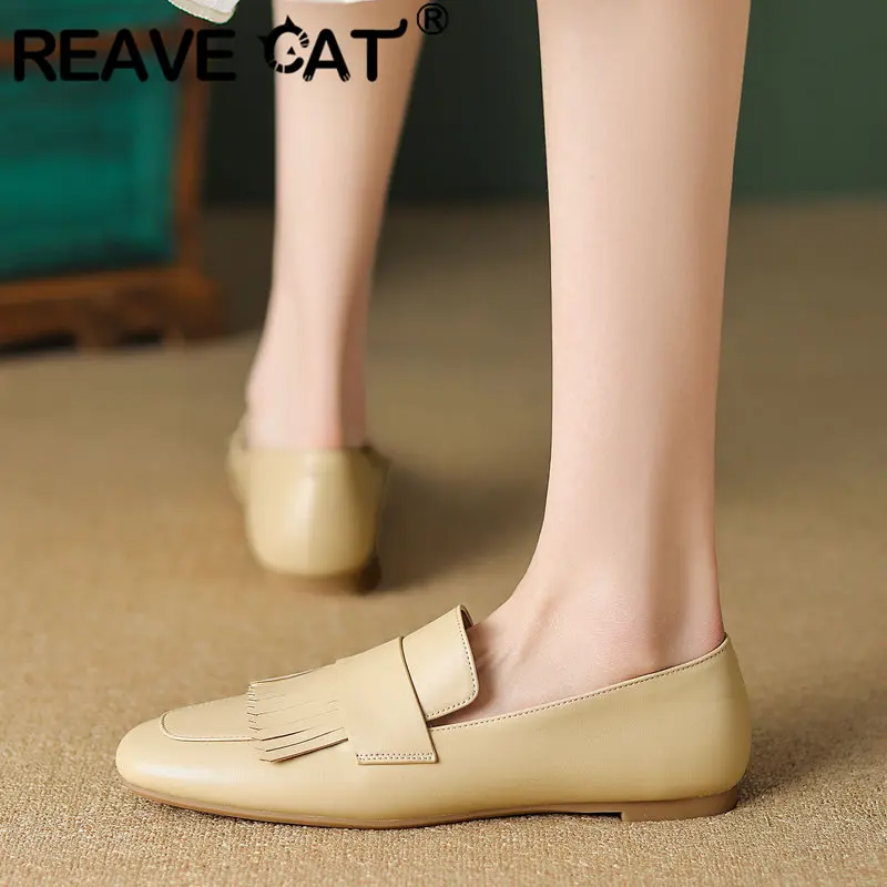 

REAVE CAT Cow Leather Women Flats Square Toe Slip On Soft Concise Daily Large Size 41 42 Shallow Tassels Casual Solid Lady Shoes