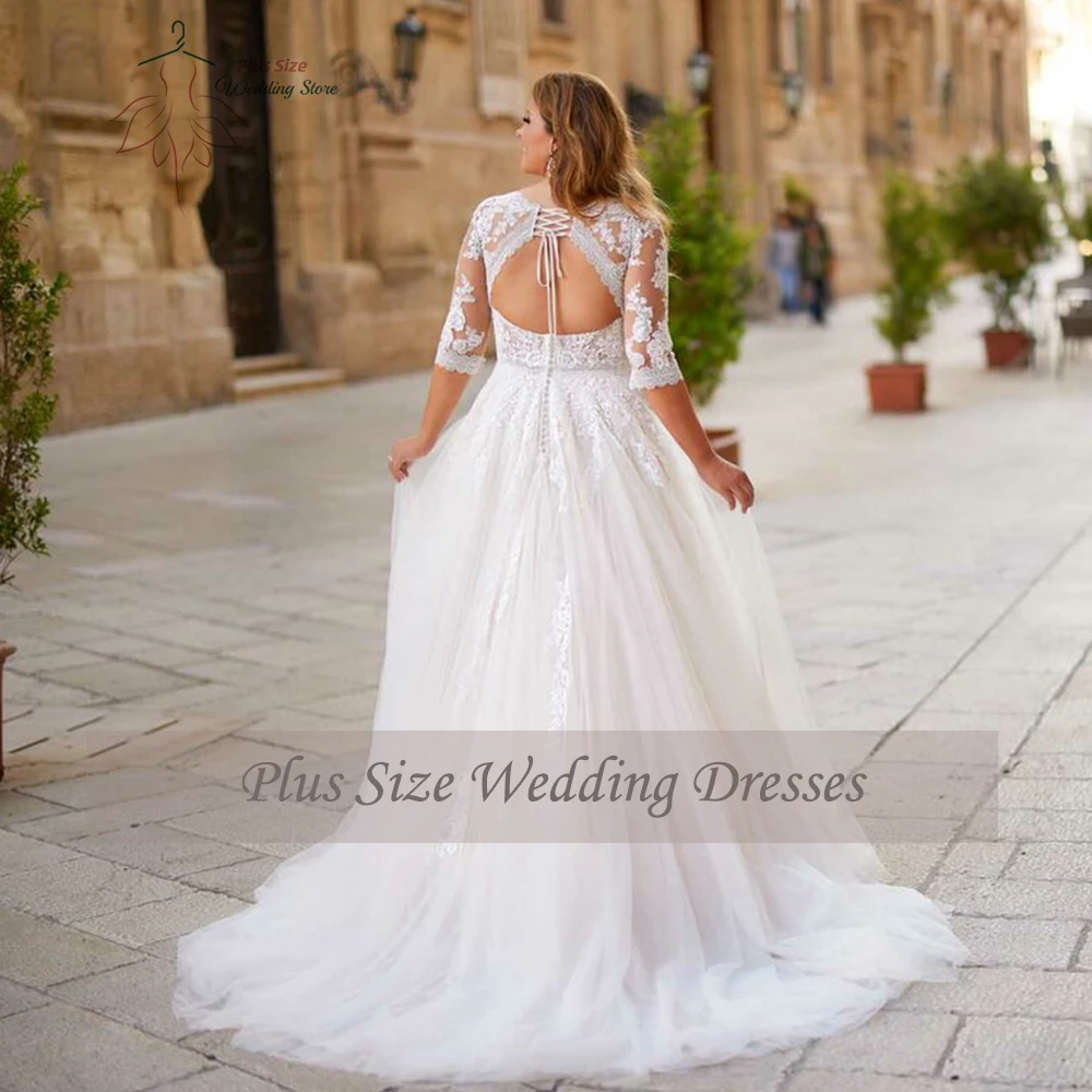 Classic A-Line Wedding Dresses Plus Size V Neck 3/4 Sleeves Bride Gowns Appliques Floor Length Tulle Vestido De Noiva 2024