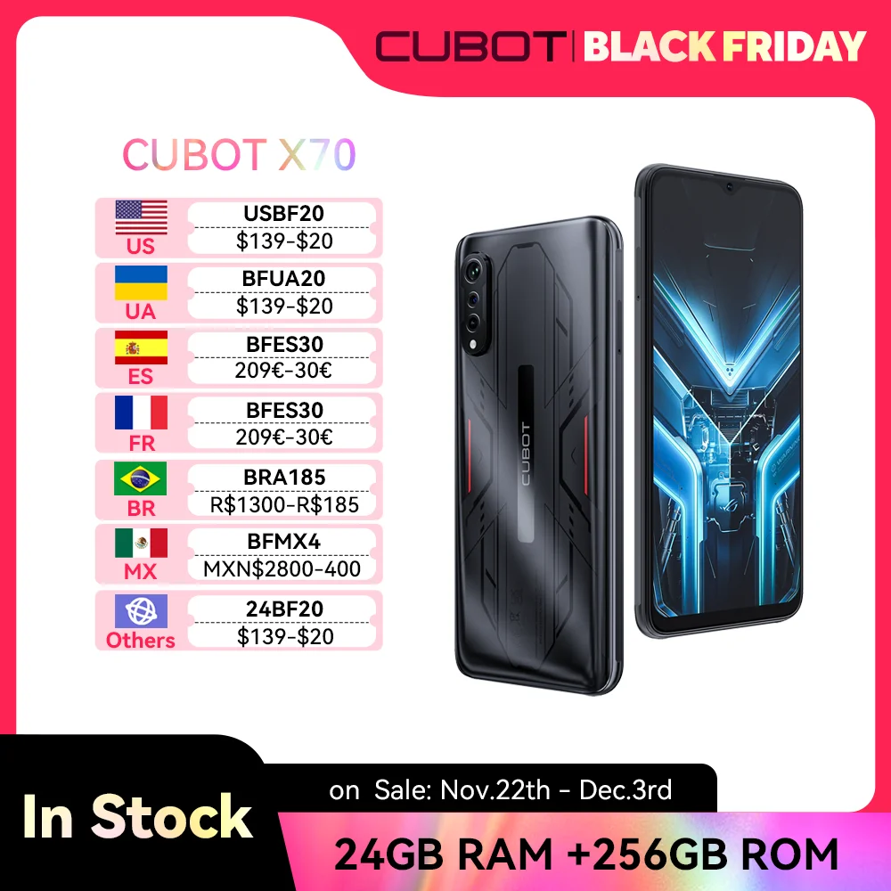 Cubot X70, Android 13, Helio G99, Octa-Core, 120Hz 6.583 Inch Screen, 24GB RAM(12GB+12GB Extended), 256GB ROM, 100MP Camera, NFC