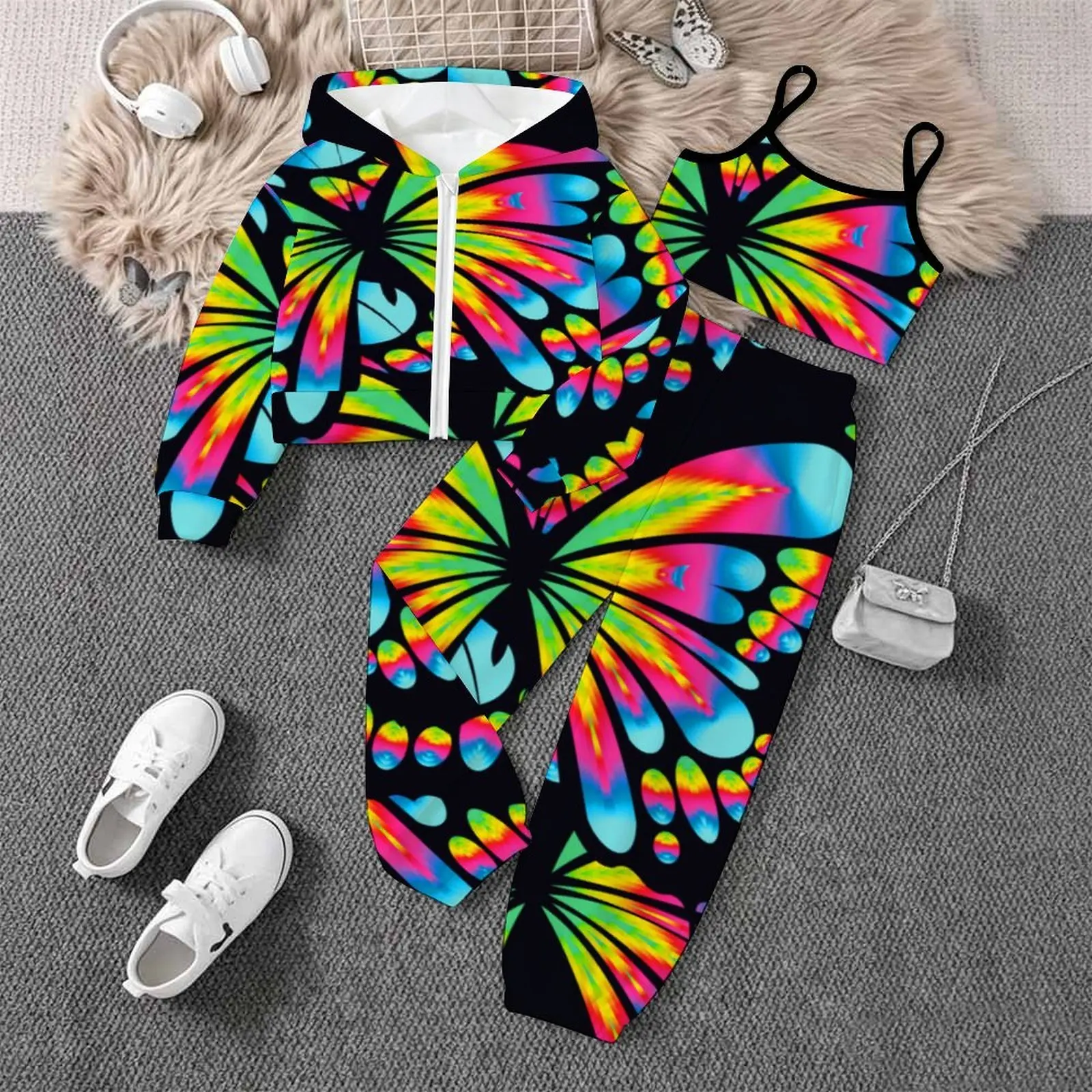Jogging Pants Children's Printed Three-Piece Set Autumn Girls Yoga Pants Fashion Vest Winter Zipper Hoodie Long Sleeve Coat