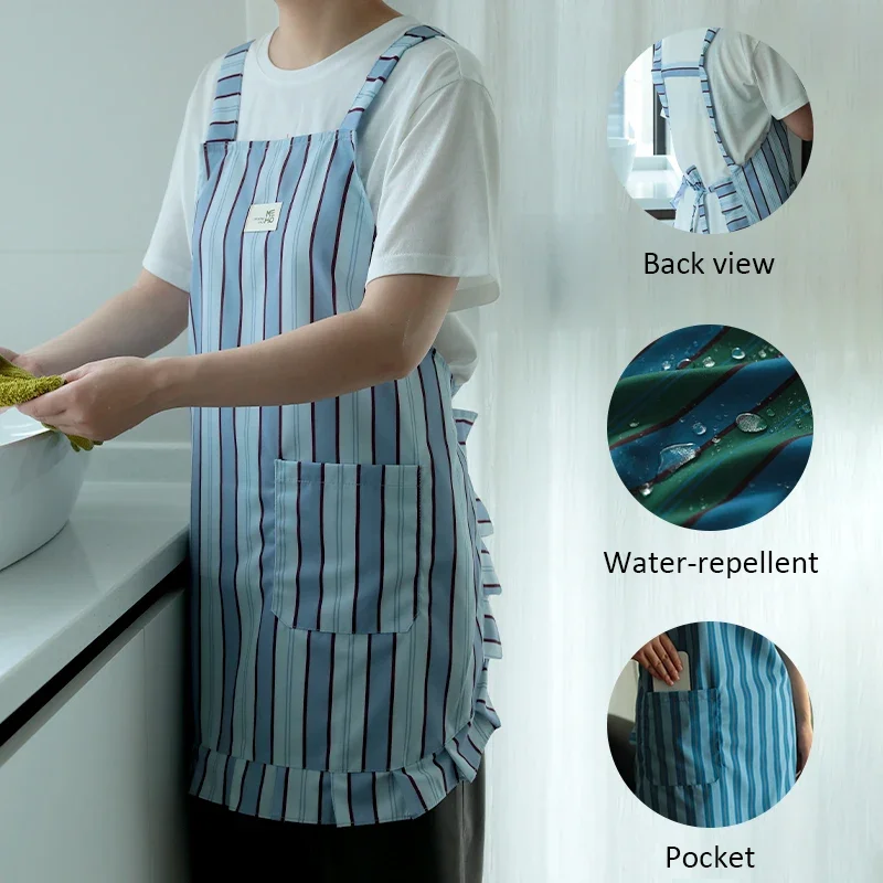 Water-Repellent Short Ruffled Apron with Large Pocket Lightweight Striped Painfore for Home Use Kitchen Cooking Bar Cleaning