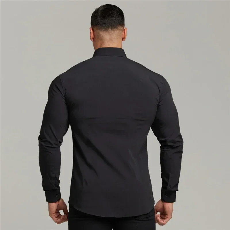 

Men Fashion Casual long Sleeve Solid Shirt Super Slim Fit Male Social Business Dress Shirt Brand Men Fitness Sports Clothing