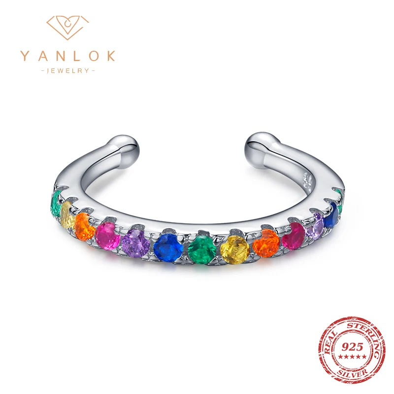 YANLOK Cool Girl Ear Cuff 925 Sterling Silver Geometric Rainbow Crystal C-Shape Single Clips Earring for Women Jewelry Bijoux - view 5