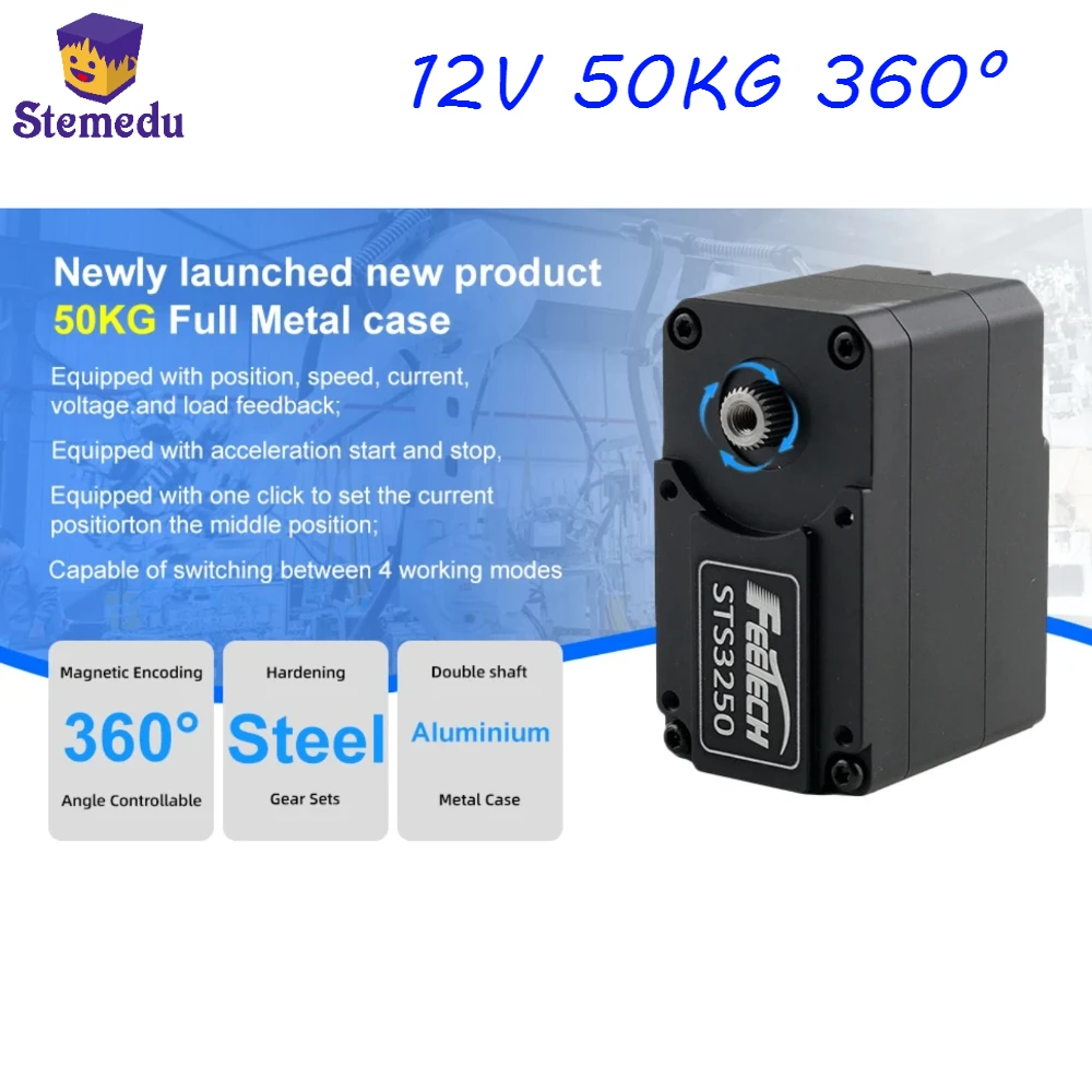 Feetech STS3250 12V 50KG Magnetic Encoder Double Shaft TTL Protocol Servo 360 Degree Full Metal Feedback Servos for Robotic Arm