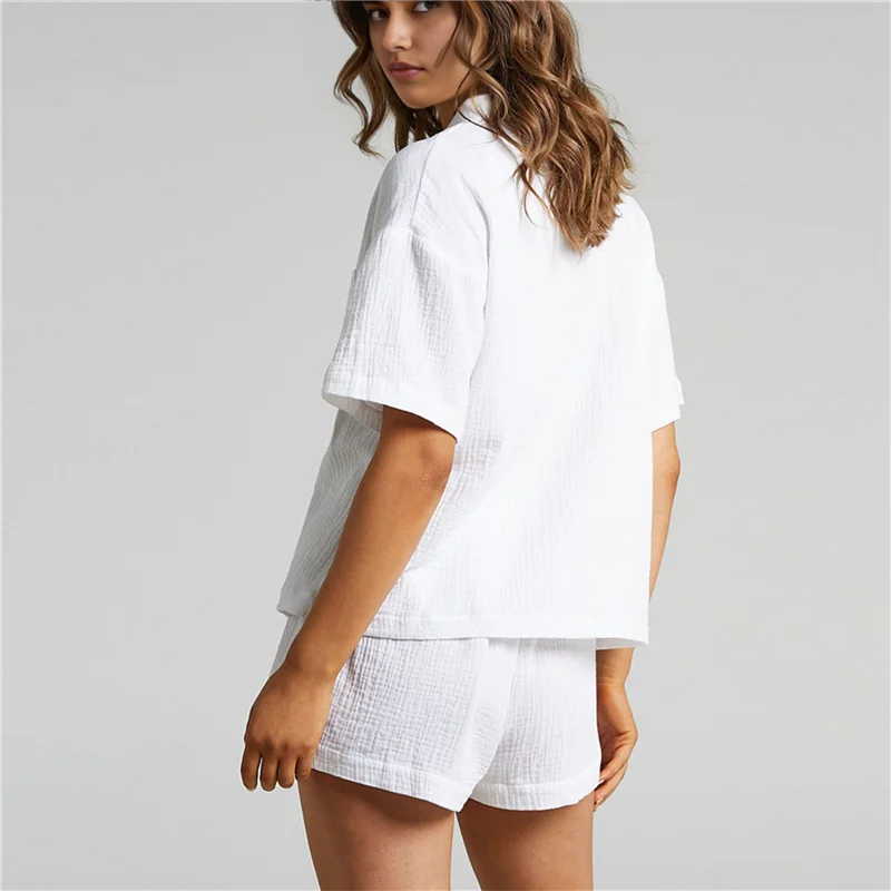 CYL-Womens Casual 2 Piece Outfits Cotton Linen Sets Button Down Shirt Shorts Resort Wear 2025 Pajama Beach Coverup Set