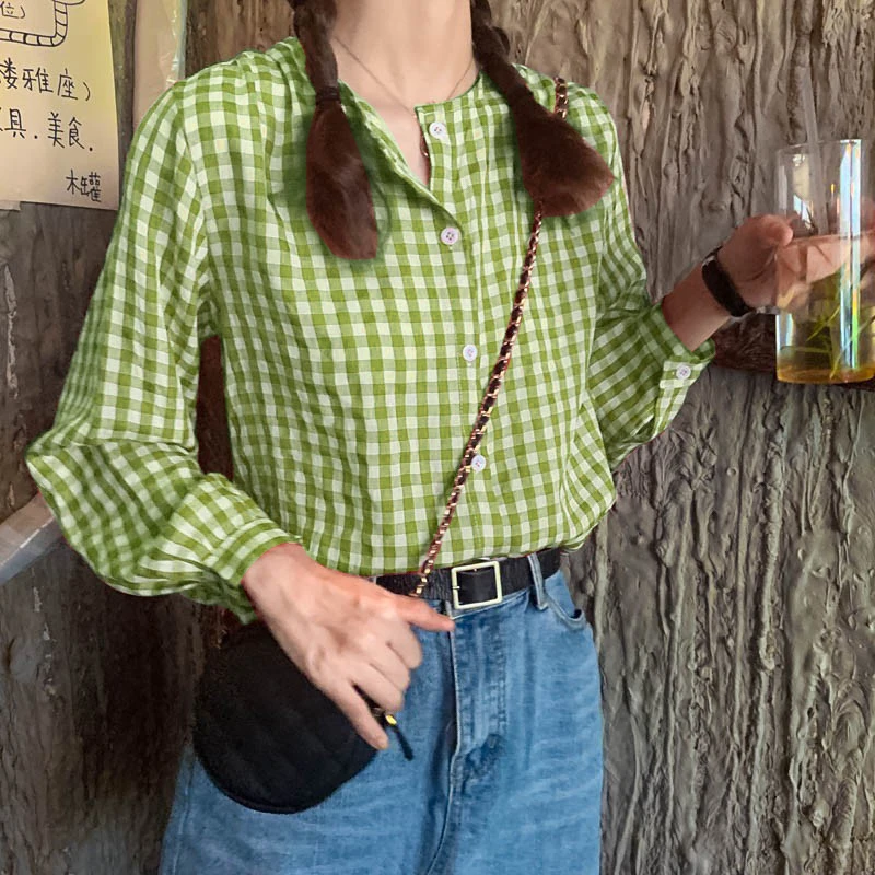 Spring Fashion Blouse Round Neck Plaid Loose Sweet Casual Button Down Long-sleeved Shirt