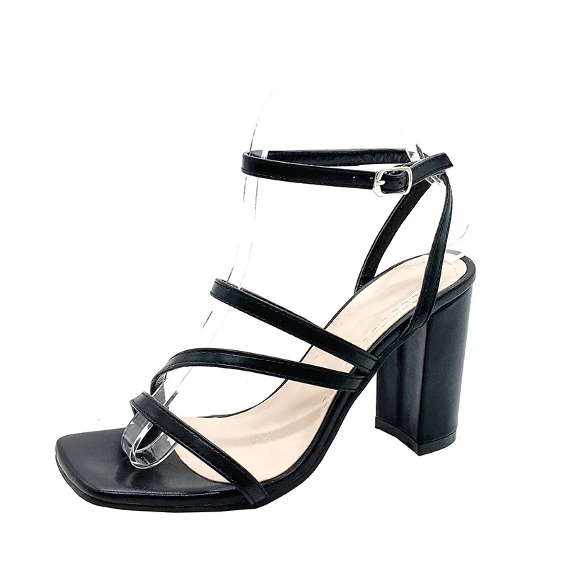 Large Size Low Sandals Woman Leather All-Match Female Shoe Square Toe Clear Heels Buckle Strap Big Low-heeled Girls Fashion High