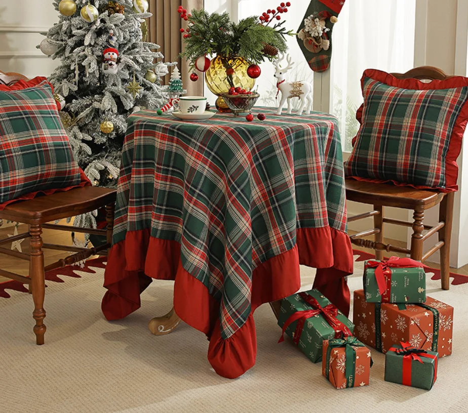 Vintage Christmas Plaid Tablecloth Thick Imitation Linen Ruffle Trim Table Cover Holiday Festive Dining Table Home Party Decor