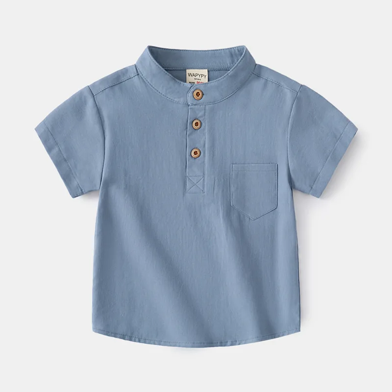 2024 Summer Kids Short Sleeve Loose Shirt Boys' Solid Color Stand Collar Casual Cotton Top, Available for Ages 3-8, 2 Colors